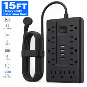 BOHASHIN 15FT Flat Plug Power Strip Surge Protector, 11 AC Outlets with 4 USB & 2 USB-C Ports, 1250W/10A Extension Cord, Overload Protection, Wall Mount for Home Office Dorm(Black)