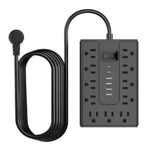 BOHASHIN 15FT Flat Plug Power Strip Surge Protector, 11 AC Outlets with 4 USB & 2 USB-C Ports, 1250W/10A Extension Cord, Overload Protection, Wall Mount for Home Office Dorm(Black)