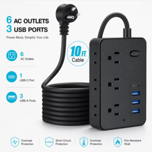 BOHASHIN Power Strip Extension Cord, 10 ft long Extension Cord for 6 Widely Spaced Outlets with 4 USB Fast Charge USB Charging Ports(Black)