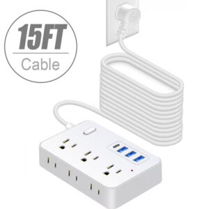 BOHASHIN Power Strip Extension Cord, 15 ft long Extension Cord for 6 Widely Spaced Outlets with 4 USB Fast Charge USB Charging Ports(White)