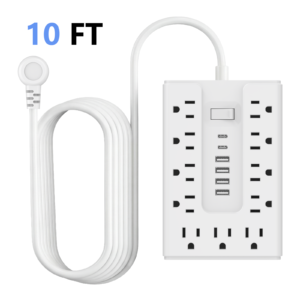 BOHASHIN 10FT Flat Plug Power Strip Surge Protector, 11 AC Outlets with 4 USB & 2 USB-C Ports, 1250W/10A Extension Cord, Overload Protection, Wall Mount for Home Office Dorm(White)
