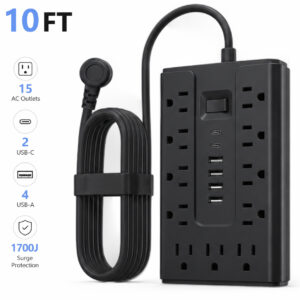10FT Flat Plug Power Strip Surge Protector, 11 AC Outlets with 4 USB & 2 USB-C Ports, 1250W/10A Extension Cord, Overload Protection, Wall Mount for Home Office Dorm(Black)