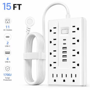 BOHASHIN 15FT Flat Plug Power Strip Surge Protector, 11 AC Outlets with 4 USB & 2 USB-C Ports, 1250W/10A Extension Cord, Overload Protection, Wall Mount for Home Office Dorm(White)